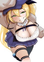 Rule 34 | 1girl, blonde hair, blue hat, blue skirt, breasts, cleavage, dokibird (vtuber), from above, green eyes, hair between eyes, hashtag-only commentary, hat, highres, indie virtual youtuber, large breasts, long hair, looking at viewer, redi (rasec asdjh), shirt, single thighhigh, skirt, smile, smug, solo, standing, thigh strap, thighhighs, twintails, virtual youtuber