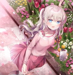 Rule 34 | 1girl, blue eyes, blush, breasts, camera, charlotte (anime), chi no, collarbone, commentary, dutch angle, english commentary, eyelashes, falling petals, flower, garden, grey hair, hair between eyes, highres, holding, holding camera, holding hands, large breasts, long hair, looking at viewer, open mouth, outdoors, petals, pink shirt, pink skirt, red flower, red tulip, ribbon-trimmed shirt, rose, shirt, sidelocks, skirt, smile, solo, standing, tomori nao, tulip, two side up, wavy hair, yellow flower, yellow rose