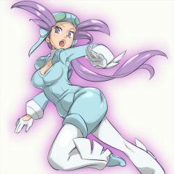 Rule 34 | 1girl, bad id, bad pixiv id, breasts, cleavage, cleavage cutout, clothing cutout, creatures (company), game freak, gloves, gym leader, long hair, nintendo, open mouth, pokemon, pokemon oras, purple hair, short jumpsuit, simple background, solo, white background, white gloves, winona (pokemon), zaitsu