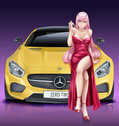Rule 34 | 1girl, albyee, bare shoulders, collarbone, commentary, commission, crossed legs, darling in the franxx, dress, english commentary, green eyes, hairband, high heels, horns, legs, long hair, looking at viewer, mercedes-benz amg gt, pink hair, purple background, red dress, red footwear, signature, smile, solo, straight-on, strapless, strapless dress, strappy heels, vehicle focus, very long hair, white hairband, zero two (darling in the franxx)