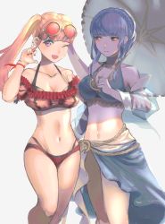 Rule 34 | 2girls, ;d, absurdres, alternate costume, bikini, blue bikini, blue hair, blunt bangs, bracelet, braid, breasts, cleavage, collarbone, crown braid, eyewear on head, female focus, fire emblem, fire emblem: three houses, floating hair, halterneck, highres, hilda valentine goneril, holding, holding umbrella, jewelry, long hair, looking at another, looking at viewer, looking to the side, marianne von edmund, medium breasts, midriff, miton (vvse5752), multi-strapped bikini, multiple girls, nail polish, navel, nintendo, official alternate costume, one eye closed, open mouth, orange eyes, pink bikini, pink eyes, pink hair, red-tinted eyewear, red bikini, red nails, sarong, smile, standing, stomach, sunglasses, swimsuit, tinted eyewear, umbrella, very long hair, w, white background, white umbrella, wink, yellow-framed eyewear