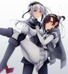 Rule 34 | 2girls, black bodysuit, blue eyes, blush, bodysuit, boots, breasts, brown hair, cape, carrying, clothes writing, cosplay, costume switch, grey cape, hachimaki, hair between eyes, hair flaps, hairband, hatsuzuki (kancolle), hatsuzuki (kancolle) (cosplay), headband, highres, kantai collection, knee boots, long hair, looking at viewer, low ponytail, medium breasts, multiple girls, neckerchief, nuka (nvkka), one side up, open mouth, pantyhose, pleated skirt, princess carry, rudder footwear, sailor collar, school uniform, serafuku, short hair, silver hair, skirt, smile, suzutsuki (kancolle), suzutsuki (kancolle) (cosplay), white bodysuit, yellow eyes