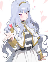 Rule 34 | 1girl, belt buckle, blowing kiss, blush, buckle, capelet, commentary, cosplay, frieren, frieren (cosplay), grey hair, hairband, heart, highres, idolmaster, idolmaster (classic), idolmaster million live!, looking at viewer, midnamana, o3o, shijou takane, shirt, skirt, solo, sousou no frieren, striped clothes, striped shirt, symbol-only commentary, white capelet, white skirt, yellow hairband