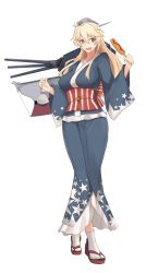 Rule 34 | 10s, 1girl, absurdres, alternate costume, altronage, bag, blonde hair, blue eyes, breasts, corn dog, eyebrows, hair between eyes, headgear, highres, iowa (kancolle), japanese clothes, kantai collection, kimono, large breasts, long hair, long sleeves, looking at viewer, machinery, obi, open mouth, sandals, sash, satchel, simple background, socks, solo, standing, star-shaped pupils, star (symbol), star print, symbol-shaped pupils, turret, white background, white socks, wide sleeves, yukata