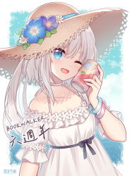 Rule 34 | 1girl, ;d, bare shoulders, blue eyes, blue flower, brown hat, can, can to cheek, choker, collarbone, commentary request, dress, flower, frilled dress, frills, hand up, hat, hat flower, hitsuki rei, holding, holding can, long hair, off-shoulder dress, off shoulder, one eye closed, open mouth, purple flower, smile, snowdreams -lost in winter-, solo, straw hat, white choker, white dress, white flower, white hair, xue jian