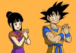 Rule 34 | 1boy, 1girl, :d, bare arms, bare shoulders, black eyes, black hair, black outline, blunt bangs, bracelet, chi-chi (dragon ball), china dress, chinese clothes, closed mouth, clothes writing, collarbone, commentary request, dancing, dark-skinned male, dark skin, dougi, dragon ball, dragonball z, dress, expressionless, eyelashes, fingernails, hair bun, hands up, happy, highres, jewelry, koi dance, lee (dragon garou), looking at another, looking to the side, muscular, neckerchief, open mouth, orange background, orange neckerchief, outline, own hands together, purple dress, shaded face, side-by-side, sidelocks, simple background, single hair bun, sleeveless, sleeveless dress, smile, son goku, spiked hair, standing, upper body, wristband
