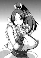 Rule 34 | 1girl, blush, breasts, cleavage, collarbone, covered erect nipples, fatal fury, greyscale, hair ornament, kokuriu, large breasts, lips, long hair, monochrome, ninja, no bra, one eye closed, panties, pelvic curtain, ponytail, puffy nipples, revealing clothes, sash, shiranui mai, smile, snk, solo, star (symbol), tears, the king of fighters, thick thighs, thighs, underwear, wink, wristband