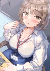 Rule 34 | 1girl, :o, blue skirt, blush, bob cut, bra visible through clothes, breasts, brown hair, buttoned cuffs, buttons, chair, cleavage, collarbone, collared shirt, desk, ear piercing, eyelashes, from above, furrowed brow, fushimi asuha, hand on table, hand up, highres, indoors, large breasts, light brown eyes, long sleeves, looking at viewer, looking up, mole, mole on breast, mole under eye, name tag, office lady, on chair, open mouth, original, piercing, see-through, shirt, short hair, sitting, skirt, solo, white shirt