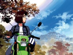 Rule 34 | 1girl, aa megami-sama, brown hair, cloud, day, forest, fujishima kousuke, helmet, morisato megumi, motor vehicle, motorcycle, mountain, nature, vehicle