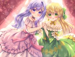 Rule 34 | 2girls, :d, bare shoulders, blonde hair, blush, bow, braid, closed mouth, commentary, commission, dress, earrings, english commentary, frilled dress, frills, green bow, green dress, green eyes, hair bow, highres, holding hands, interlocked fingers, jewelry, kouta., long hair, long sleeves, looking at viewer, multiple girls, off-shoulder dress, off shoulder, open mouth, pink dress, puffy sleeves, purple eyes, purple hair, ribbon-trimmed dress, silk von santana, single hair intake, skeb commission, smile, telestia terra esfort, tensei kizoku no isekai boukenroku, very long hair, wide sleeves