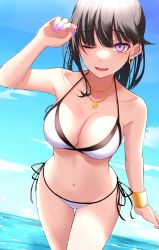 Rule 34 | 1girl, ;d, absurdres, arm up, armpits, bare arms, bare shoulders, bikini, black hair, bracelet, breasts, cleavage, cowboy shot, earrings, halterneck, highres, ichiki 1, jewelry, large breasts, long hair, looking at viewer, mole, mole on breast, mole on thigh, mole under eye, nail polish, navel, necklace, one eye closed, open mouth, original, purple eyes, purple nails, side-tie bikini bottom, smile, solo, stomach, string bikini, swimsuit, thigh gap, thighs, wet, white bikini