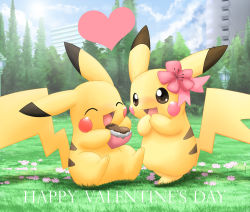 Rule 34 | blush, brown eyes, building, candy, chocolate, chocolate heart, clothed pokemon, cloud, couple, creatures (company), day, english text, field, flower, game freak, gen 1 pokemon, gift, grass, green background, hair flower, hair ornament, hair ribbon, happy valentine, heart, hetero, holding, holding gift, nintendo, no humans, open mouth, pemyu, pikachu, pokemon, pokemon (creature), ribbon, sexual dimorphism, sky, tail, tree, valentine