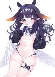 Rule 34 | !, + +, 1girl, absurdres, blue eyes, blush, breasts, closed mouth, feathered wings, gloves, highres, holding, holding whisk, hololive, hololive english, long hair, long sleeves, looking at viewer, mole, mole under eye, navel, ninomae ina&#039;nis, pointy ears, purple hair, shouu-kun, sidelocks, simple background, single thighhigh, small breasts, smile, solo, stomach, takodachi (ninomae ina&#039;nis), tentacle hair, thighhighs, virtual youtuber, whisk, white background, white gloves, white thighhighs, white wings, wings