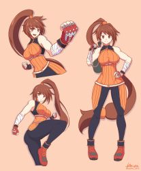 Rule 34 | 1girl, absurdres, ass, bag, bandages, breasts, brown eyes, brown hair, dnf duel, dungeon and fighter, fighter (dungeon and fighter), gloves, hand on own hip, high ponytail, highres, ken-pai (kenpai arts), large breasts, leg lift, long hair, looking at viewer, red footwear, red gloves, sleeveless, striker (dungeon and fighter), very long hair