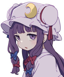 Rule 34 | 1girl, absurdres, blue bow, blush, bow, crescent, crescent hat ornament, dress, hair bow, hat, hat ornament, highres, kame (kamepan44231), long hair, looking at viewer, mob cap, open mouth, patchouli knowledge, purple dress, purple eyes, purple hair, purple hat, red bow, simple background, solo, touhou, upper body, white background