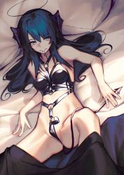Rule 34 | 1girl, arknights, bare arms, bare shoulders, bed sheet, blanket, blue eyes, blue hair, breasts, closed mouth, demon horns, demon tail, halo, harness, highres, horns, key, leg up, long hair, looking at viewer, lying, medium breasts, mostima (arknights), mouth hold, navel, o-ring, on back, on bed, partially visible vulva, pillow, solo, tail, veilrain, very long hair