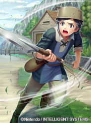 Rule 34 | 1boy, black hair, brown eyes, brown hair, copyright notice, donnel (fire emblem), fire emblem, fire emblem awakening, fire emblem cipher, grey eyes, looking at viewer, male focus, mytea (soso), nintendo, official art, open mouth, polearm, pot, running, scar, solo, spear, tree, watermark, weapon
