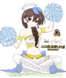 Rule 34 | 1girl, armband, back bow, bare shoulders, blue bow, blue ribbon, boots, bow, braid, brown eyes, brown hair, cheerleader, closed mouth, coco&#039;s, commentary, cross-laced footwear, dixie cup hat, double horizontal stripe, english text, frilled skirt, frills, girls und panzer, hair ornament, hair over shoulder, hairclip, hat, hat ribbon, holding, holding pom poms, indian style, knee boots, lace, lace-trimmed shirt, lace-up boots, lace trim, logo, long hair, looking at viewer, military hat, miniskirt, navel, pleated skirt, pom pom (cheerleading), pom poms, ribbon, rukuriri (girls und panzer), rukuriritea, shirt, single braid, sitting, skirt, smile, solo, strapless, thighhighs, tube top, white background, white footwear, white hat, white shirt, white skirt, white thighhighs