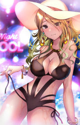 Rule 34 | 1girl, bangle, bare shoulders, black eyes, black one-piece swimsuit, blonde hair, blush, bracelet, braid, breasts, cleavage, earrings, halterneck, hat, highres, idolmaster, idolmaster shiny colors, in water, izumi mei, jewelry, large breasts, light particles, long hair, nail polish, navel, o-ring, one-piece swimsuit, pool, side-tie swimsuit, sleeveless, solo, sun hat, swimsuit, thighhighs, umeume (totoya), water, wavy hair, wet, wet clothes, wet swimsuit