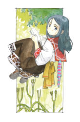 Rule 34 | 1girl, akai sashimi, black eyes, black hair, book, boots, border, brown footwear, brown skirt, closed mouth, floating, from behind, from side, full body, green background, holding, holding book, leaf, light blush, long hair, long skirt, long sleeves, looking at viewer, looking back, open book, original, outdoors, outside border, plant, red sailor collar, sailor collar, salamander, sash, shirt, skirt, solo, traditional media, white border, white shirt, yellow sash