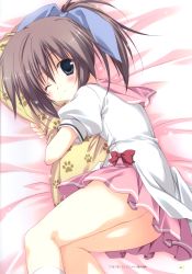 Rule 34 | 1girl, ;o, absurdres, ass, blue eyes, blue ribbon, brown hair, from above, hair ribbon, highres, korie riko, looking at viewer, lying, nanjou nazuna, hugging object, on side, one eye closed, parted lips, pillow, pillow hug, pink skirt, pleated skirt, puffy short sleeves, puffy sleeves, ribbon, school uniform, short sleeves, skirt, thighs, tsuki tsuki!, wink