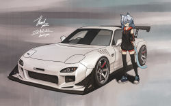 Rule 34 | 1girl, absurdres, artist name, black hoodie, black thighhighs, blue eyes, blue footwear, blue hair, bokuya, car, cat tail, character request, closed mouth, commentary request, commission, detached sleeves, highres, hood, hoodie, looking at viewer, mazda, mazda rx-7, mazda rx-7 fd, motor vehicle, shoes, signature, skeb commission, sleeveless, sleeveless hoodie, smile, sneakers, solo, spoiler (automobile), sports car, standing, tail, thank you, thighhighs, twintails, vehicle focus, vrchat, watermark, wide shot