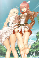 Rule 34 | 2girls, absurdres, barefoot, blonde hair, blue eyes, bow, clalaclan philias, clothes lift, crown, day, dress, dress lift, feathers, feet, foot focus, foreshortening, frills, from below, gathers, grass, green eyes, hat, highres, kneepits, knees, legs, long hair, long legs, miniskirt, multiple girls, open mouth, outdoors, perspective, pink eyes, pink hair, pleated skirt, scan, seena kanon, sega, shining (series), shining wind, shiny skin, short hair, skirt, skirt lift, sky, soaking feet, soles, splashing, spread toes, thighs, toes, tony taka, very long hair, water, wet