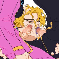 Rule 34 | 3boys, age difference, black jacket, black pants, blonde hair, bug, commentary request, cum, dio brando, dual persona, erection, facial, father and son, fellatio, giorno giovanna, group sex, hand on another&#039;s head, handjob, highres, huang lia, incest, insect, jacket, jojo no kimyou na bouken, ladybug, lipstick mark, lipstick mark on penis, long hair, long sleeves, male focus, mmm threesome, multiple boys, one eye closed, oral, pants, penis, penis grab, pink jacket, pink pants, purple lips, threesome, vento aureo, white background, yaoi, yellow eyes