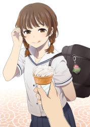 Rule 34 | 1girl, arm behind back, bag, bag charm, bird, braid, brown eyes, brown hair, charm (object), food, food on face, holding, holding food, ice cream, ice cream cone, ice cream on face, looking back, mattaku mousuke, original, parrot, pov, school bag, school uniform, serafuku, soft serve, solo focus, tongue, tongue out, twin braids