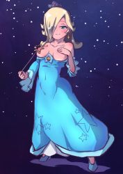 Rule 34 | 1girl, artist request, bare shoulders, blonde hair, blue eyes, blush, breasts, breasts out, covered navel, dress, full body, hair over one eye, long hair, looking at viewer, mario (series), medium breasts, nintendo, nipples, parted lips, rosalina, smile, solo, standing, super mario bros. 1, super mario galaxy, wand