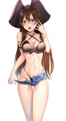 Rule 34 | 1girl, azur lane, bare legs, bikini, blush, breasts, brown hair, cleavage, commission, cutoffs, drawing, hair between eyes, hand up, hat, highres, jean bart (azur lane), jean bart (private apres midi) (azur lane), long hair, looking down, medium breasts, nico-mo, open mouth, red eyes, shorts tug, simple background, stomach, sweat, swimsuit, white background