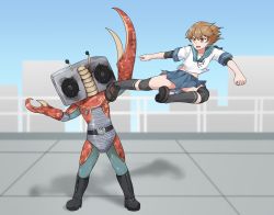 Rule 34 | 1girl, 1other, ahoge, bandaid, bandaid on face, blue sailor collar, blue skirt, blue sky, brown hair, character request, commentary request, crab, day, elbow pads, flying kick, full body, highres, kantai collection, kicking, knee pads, monster, oboro (kancolle), outdoors, panties, pantyshot, pleated skirt, railing, sailor collar, school uniform, serafuku, short hair, skirt, sky, sugamo (rainysnowy108), underwear