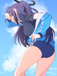 Rule 34 | 1girl, absurdres, ass, bare legs, bazz000033, blue archive, blue buruma, blue sky, breasts, buruma, commentary, facepaint, feet out of frame, highres, jacket, jacket partially removed, lanyard, leaning forward, medium breasts, official alternate costume, outdoors, purple eyes, purple hair, sky, solo, star (symbol), sweat, track jacket, wiping sweat, yuuka (blue archive), yuuka (track) (blue archive)