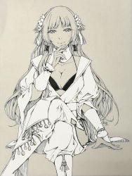 Rule 34 | 1girl, absurdres, arm at side, arm guards, bra, breasts, closed mouth, collar, crossed legs, female focus, finger to mouth, flower, gradient background, greyscale, hair flower, hair ornament, hair tubes, hanakingyo, highres, lie mei (thunderbolt fantasy), long sleeves, looking at viewer, monochrome, open clothes, puffy long sleeves, puffy sleeves, signature, sitting, sleeves past elbows, smile, solo, thighs, thunderbolt fantasy, underwear, upper body