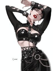 Rule 34 | 1girl, absurdres, arms up, artist name, belt, between breasts, black belt, black bra, black eyeliner, black hair, black nails, black skirt, black theme, bra, breasts, chain, collar, commentary, cowboy shot, cuffs, earrings, english commentary, eyeliner, eyeshadow, fishnets, head tilt, highres, jewelry, leaning to the side, lips, lipstick, looking up, makeup, medium breasts, midriff, multiple belts, nail polish, o-ring, ori dal, original, parted lips, pencil skirt, red eyeshadow, red lips, shiny clothes, short hair, shrug (clothing), simple background, skirt, solo, spiked collar, spikes, strapless, strapless bra, stud earrings, torn clothes, torn sleeves, underwear, very short hair, white background
