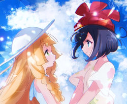 Rule 34 | 2girls, beanie, black hair, blonde hair, blue ribbon, blunt bangs, braid, closed mouth, cloud, commentary request, creatures (company), day, dress, eruta (pstj3248), eye contact, from side, game freak, green eyes, hat, hat ribbon, lens flare, lillie (pokemon), long hair, looking at another, multiple girls, nintendo, pokemon, pokemon sm, red headwear, ribbon, selene (pokemon), shirt, short hair, short sleeves, sky, sleeveless, sleeveless dress, smile, sun hat, sundress, t-shirt, twin braids, upper body, white dress, white headwear, yuri
