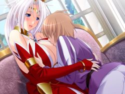 Rule 34 | 1boy, 1girl, bare shoulders, blue eyes, breasts, cleavage, crown, dress, earrings, game cg, gem, hair ornament, himegoto-ai, huge breasts, indoors, jewelry, licking, long hair, lots of jewelry, mature female, moaning, no bra, queen, ramurissa (himegoto-ai), short hair, white hair