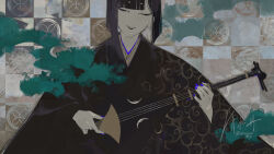 1boy androgynous biwa_lute biwahoushi black_hair black_kimono blue_nails blunt_bangs highres holding holding_instrument instrument japanese_clothes kimono long_sleeves lute_(instrument) music nail_polish original parted_lips playing_instrument print_kimono shimizu_en_(shimizuen3310) solo twitter_username upper_body