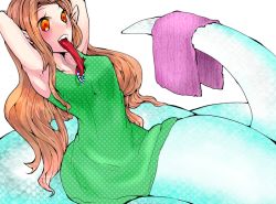 Rule 34 | 1girl, breasts, hairband, hikari hachi, lamia, long tongue, monster girl, original, pointy ears, red hair, red pupils, simple background, solo, tongue, tongue out, unmoving pattern, unworn hairband, wavy hair