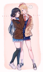 Rule 34 | 2girls, :p, absurdres, arm around shoulder, artist name, ayase eli, bad id, bad pixiv id, beige jacket, black footwear, black hair, blue dress, blue eyes, blue skirt, bow, brown jacket, cheek poking, converse, dress, finger to another&#039;s cheek, full body, green eyes, hair bow, hair ornament, hair scrunchie, hand in pocket, hands up, heart, highres, jacket, long hair, long sleeves, looking at viewer, love live!, love live! school idol festival, love live! school idol project, low twintails, multiple girls, necktie, over-kneehighs, pink scrunchie, pleated skirt, poking, ponytail, red bow, red neckwear, sailor collar, scrunchie, shoes, sidelocks, skirt, sleeves past wrists, smile, sneakers, socks, spoken heart, standing, striped neckwear, thighhighs, tojo nozomi, tongue, tongue out, translation request, twintails, white footwear, white legwear, yuri, zawawa (satoukibi1108)