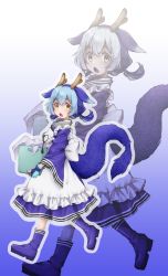 Rule 34 | 1girl, apron, blue hair, boots, commentary, dragon girl, dragon tail, dress, duel monster, fang, from side, full body, furry, gradient background, highres, horns, kiniko, laundry, laundry basket, laundry dragonmaid, looking at viewer, low twintails, maid, maid apron, medium dress, medium hair, multicolored hair, open mouth, short twintails, solo, tail, twintails, two-tone hair, wa maid, walking, wide-eyed, yellow eyes, yu-gi-oh!