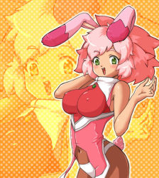 Rule 34 | 1girl, animal ears, bad id, bad pixiv id, blush, bodysuit, breasts, rabbit ears, rabbit tail, covered erect nipples, green eyes, happy, large breasts, navel, nora (2100392), nora zombie, pantyhose, pink hair, seraphita, seraphita (xenogears), short hair, solo, tail, xenogears, zoom layer