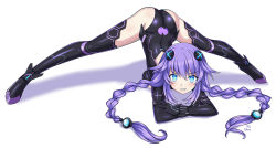 Rule 34 | 1girl, arched back, arm rest, ass, blue eyes, boots, braid, breast press, choujigen game neptune, cyber (cyber knight), d-pad, d-pad hair ornament, flexible, full body, hair ornament, hands on ground, highres, jack-o&#039; challenge, leotard, looking at viewer, meme, neon trim, neptune (neptunia), neptune (series), power symbol, power symbol-shaped pupils, purple hair, purple heart (neptunia), simple background, smile, solo, spread legs, stretching, symbol-shaped pupils, thigh boots, thighhighs, top-down bottom-up, twin braids, white background, wide spread legs