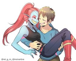 Rule 34 | 1girl, aged up, androgynous, artist request, blue skin, colored skin, eyepatch, fins, frisk (undertale), head fins, monster girl, ponytail, red hair, shirt, smile, teeth, undertale, undyne