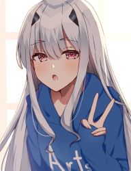Rule 34 | 1girl, arts shirt, backlighting, blue sweater, blush, breasts, brown eyes, melusine (fate), fate/grand order, fate (series), forked eyebrows, hood, hooded sweater, long hair, long sleeves, looking at viewer, open mouth, sakura (tariliko), sidelocks, small breasts, solo, sweater, v, white hair