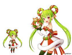 Rule 34 | 1girl, :d, aki no jikan, arms at sides, bare shoulders, bell, bow, earrings, elf, green hair, green thighhighs, hair rings, jewelry, long hair, looking at viewer, maru-kichi, multiple views, official art, open mouth, pointy ears, red bow, red eyes, skirt, smile, standing, striped bow, striped clothes, striped skirt, thighhighs, twintails, watermark, wreath
