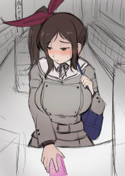 Rule 34 | 1girl, bag, belt, belt buckle, blush, bow, bowtie, breasts, brown hair, buckle, buttons, coat, double-breasted, embarrassed, green eyes, grey coat, grey uniform, hair ribbon, highres, large breasts, long hair, long sleeves, looking to the side, murakumo (senran kagura), parted bangs, pyonpyonmaru, ribbon, sailor collar, school bag, school uniform, senran kagura, side ponytail, sketch, solo, sweatdrop, upper body, white sailor collar