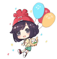 Rule 34 | 1girl, :d, backpack, bag, balloon, beanie, black eyes, black footwear, black hair, blush, brown shirt, chibi, commentary request, confetti, creatures (company), game freak, gen 7 pokemon, green shorts, hat, holding, looking at viewer, maodouzi, nintendo, open mouth, pokemon, pokemon (creature), pokemon sm, red hat, rowlet, selene (pokemon), shirt, shoes, short shorts, short sleeves, shorts, simple background, smile, teeth, upper teeth only, white background