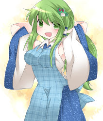 Rule 34 | 1girl, adjusting hair, apron, armpits, arms up, blush, detached sleeves, frog hair ornament, green eyes, green hair, hair ornament, hair tubes, hammer (sunset beach), impossible clothes, kochiya sanae, long hair, looking at viewer, matching hair/eyes, open mouth, sidelocks, skirt, smile, solo, touhou, tying hair