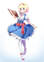 Rule 34 | 1girl, absurdres, adapted costume, alice margatroid, arm garter, bad id, bad pixiv id, blonde hair, blue dress, blue eyes, blush, capelet, closed mouth, dress, frilled dress, frills, full body, grimoire of alice, hairband, highres, looking at viewer, pantyhose, puffy short sleeves, puffy sleeves, sash, short hair, short sleeves, smile, solo, touhou, white pantyhose, yusake san